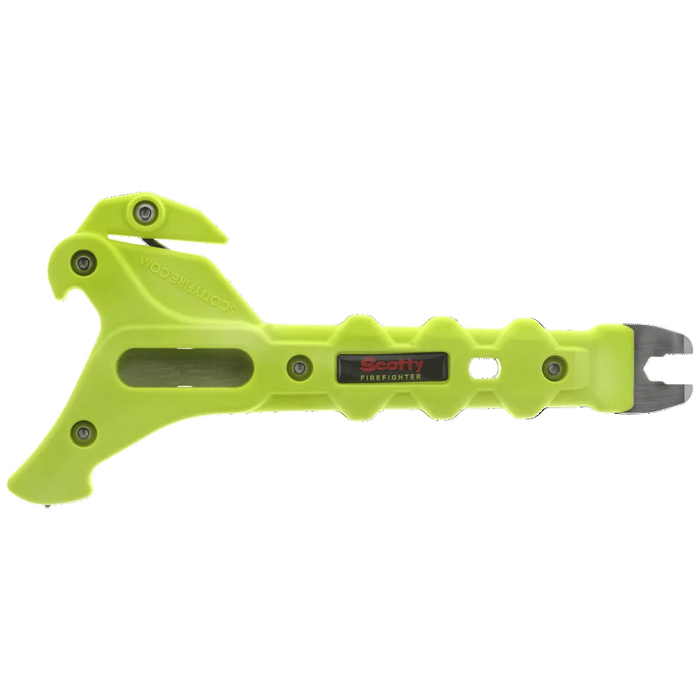 Side view of the high visibility yellow Scotty Firefighter 4576-YF Rescue Wrench showing the hooked rescue end, grip and metal spanner jaw