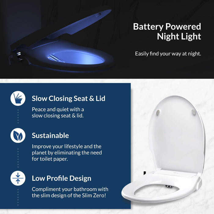 Slim Zero Bidet Toilet Seat Bidet Slow Closing Seat and Lid, Battery Powered Night Light, and Low Profile Design