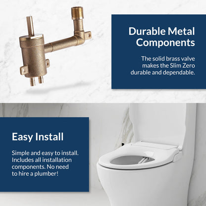 Slim Zero Bidet Seat Bidet showing Durable Metal Components and easy to install call out.