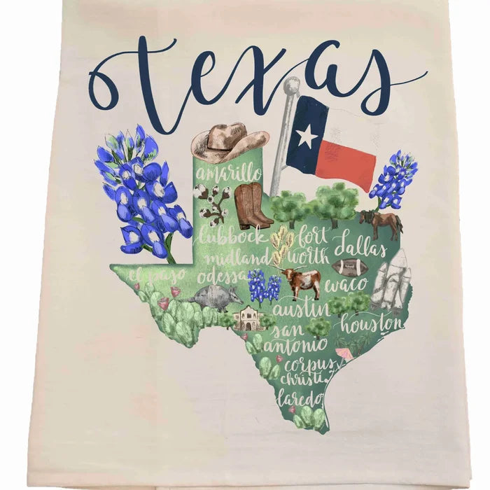 Texas Towel featuring Bluebonnets and State Flag