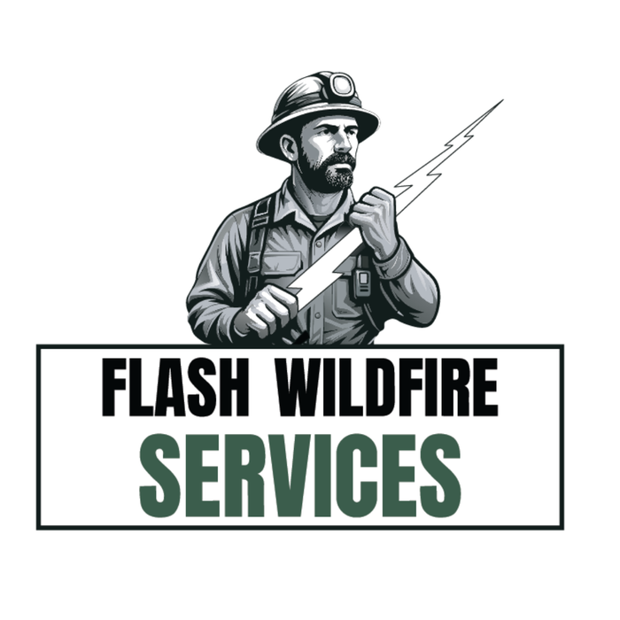 Logo for Flash Wildfire Services featuring a firefighter holding a hose.